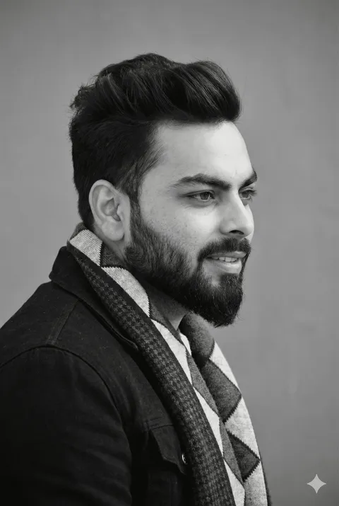 Portrait of a man with short dark hair and a trimmed beard, dressed in a dark shirt, on a simple background.