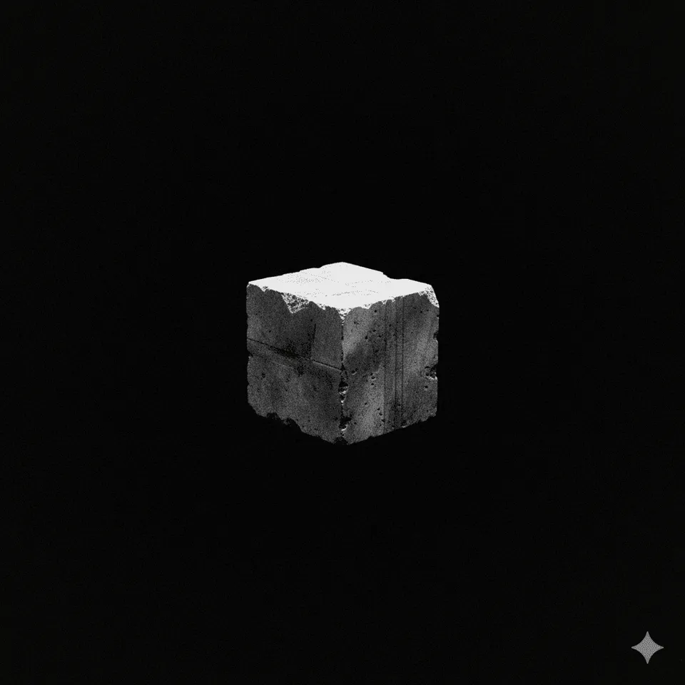 concrete block floating in a dark void