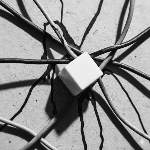 chaotic mess of dark tangled wires